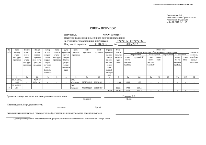 книга покупок по контрагенту образец